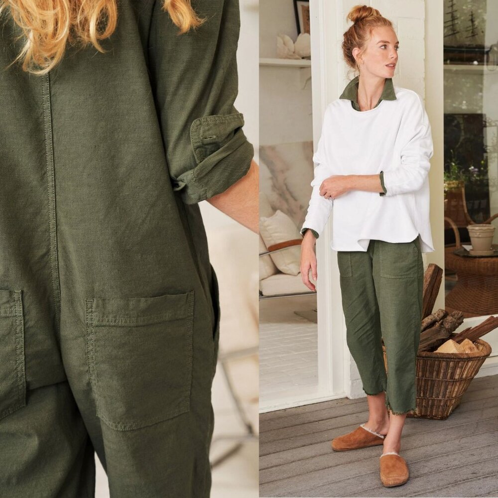 Frank & Eileen Northern Ireland Jumpsuit Army Green Italian‎ Linen Size M - Picture 9 of 11